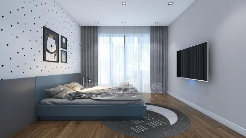 Ý tưởng thiết kế phòng bé đơn giản với cửa lớn cùng rèm 2 lớp giúp phòng bé luôn tràn trề sinh khí nhưng vẫn giảm thiểu tối đa sức nóng ngày hè oi ả. Thiết kế nội thất chung cư đẹp, hiện đại class=