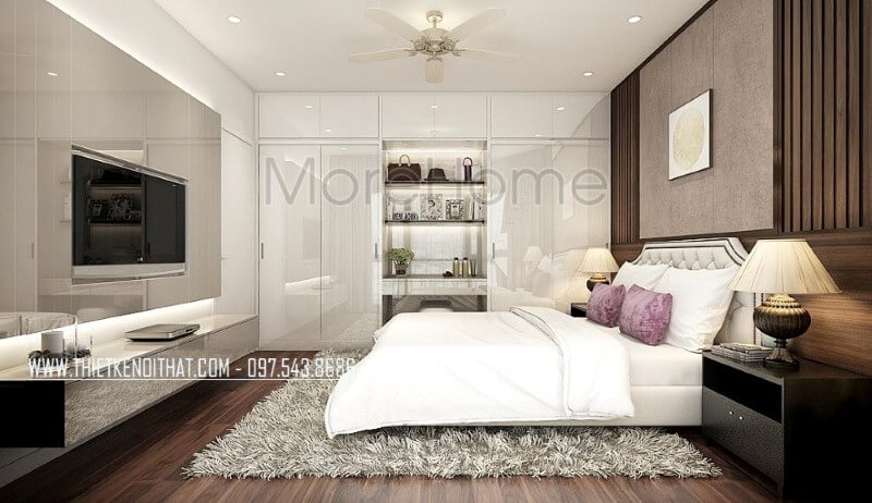 Tủ quần áo hiện đại vừa làm bàn trang điểm vừa để đồ trang trí vừa tận dụng không gian để quần áo với cửa 4 cánh cùng hệ tủ để đồ trên khá ngăn nắp giúp phòng ngủ trở nên gọn gàng, đẹp nhưng vẫn toát lên vẻ sang trọng, độc đáo. Thiết kế nội thất chung cư đẹp, hiện đại class=