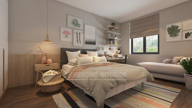Gạch giả gỗ ốp tường cùng cách bố trí hiện đại, độc đáo đã tạo nên phòng ngủ trẻ trung, sinh động. Thiết kế nội thất chung cư đẹp, hiện đại class=