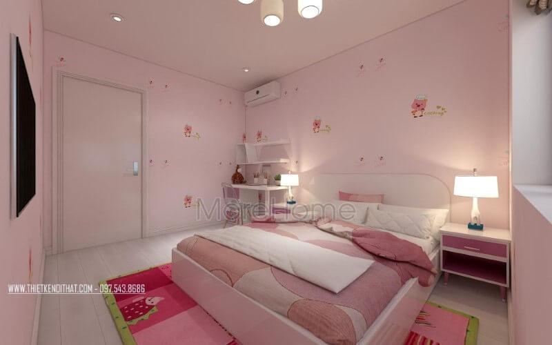 Thiết kế nội thất phòng ngủ con đẹp, sinh động, đáng yêu với tone hồng nhẹ nhàng, cuốn hút. Thiết kế nội thất chung cư đẹp, hiện đại class=