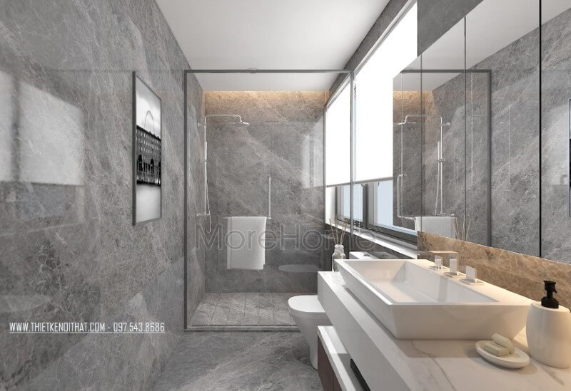 Phòng tắm hiện đại nổi bật với sắc trầm chủ đạo từ đá xám ốp tường cao cấp. Thiết kế nội thất chung cư đẹp, hiện đại class=
