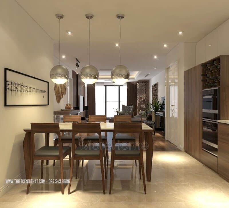 Thiết kế bộ bàn ghế ăn gỗ óc chó cao cấp cho căn hộ chung cư Imperia Garden Hà Nội: trong đó, bàn ăn được thiết kế sang trọng với mặt đá nhân tạo vân mây, ghế ăn gỗ óc chó bọc da đẹp. Mang đến cho gia chủ sản phẩm nội thất chất lượng cao, có tuổi thọ sử dụng cao. thiết kế chung cư