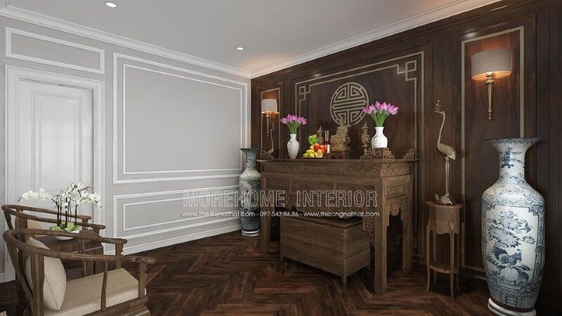 Trang trí nội thất phòng thờ gỗ óc chó đẹp sang trọng ấn tượng từ nội thất gỗ óc chó cao cấp cùng cách kết hợp đồ khéo léo từ tủ thờ, tấm ốp tường chữ Thọ, kệ trang trí, bộ ghế bành đẹp mắt. thiết kế chung cư