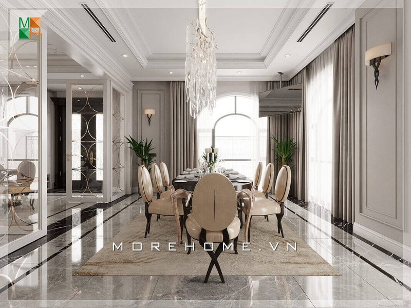 Gợi ý mẫu thiết kế phòng ăn đẹp tân cổ điển sang trọng, đẳng cấp cho biệt thự, nhà phố và chung cư cao cấp. thiết kế chung cư