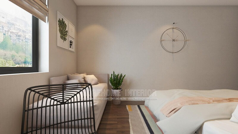 Ghế sofa dài màu ghi đẹp, hiện đại được bố trí ngay tại cửa sổ giúp bạn có thể tận hưởng cảm giác êm ái khi nắm nét đẹp sinh động từ tự nhiên ngay trong phòng ngủ của mình. Thiết kế chung cư